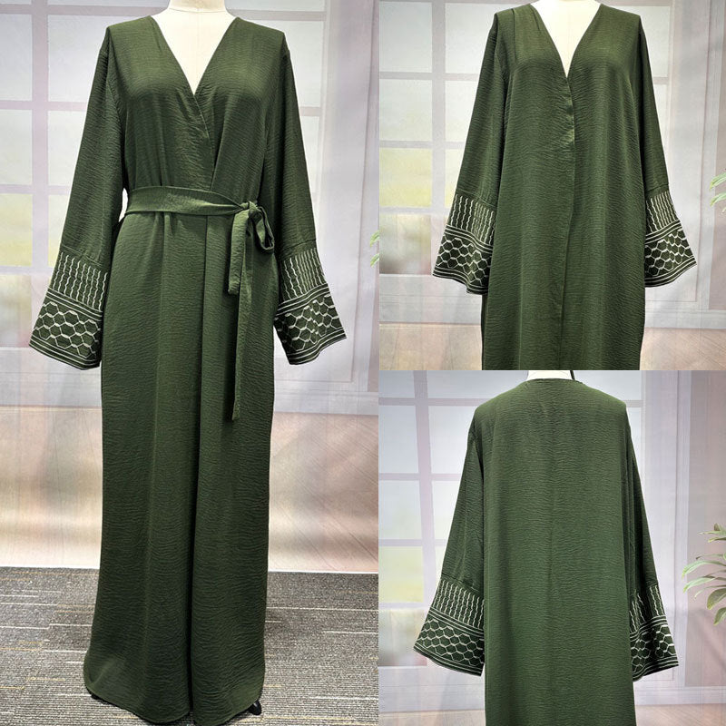 Middle Eastern Muslim Clothing Fashion Elegant Pocket Cardigan Embroidery Contrast Color Dress Robe - Mixbatch