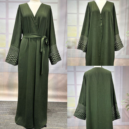 Middle Eastern Muslim Clothing Fashion Elegant Pocket Cardigan Embroidery Contrast Color Dress Robe - Mixbatch