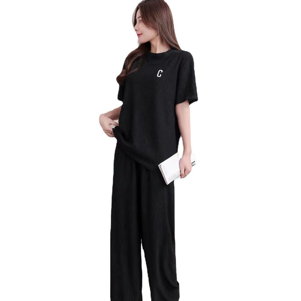 A suit women's spring summer letter embroidery thin ice silk loungewear suit casual loose trousers two-piece set