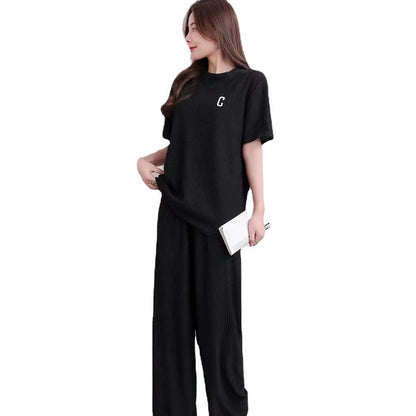 A suit women's spring summer letter embroidery thin ice silk loungewear suit casual loose trousers two-piece set