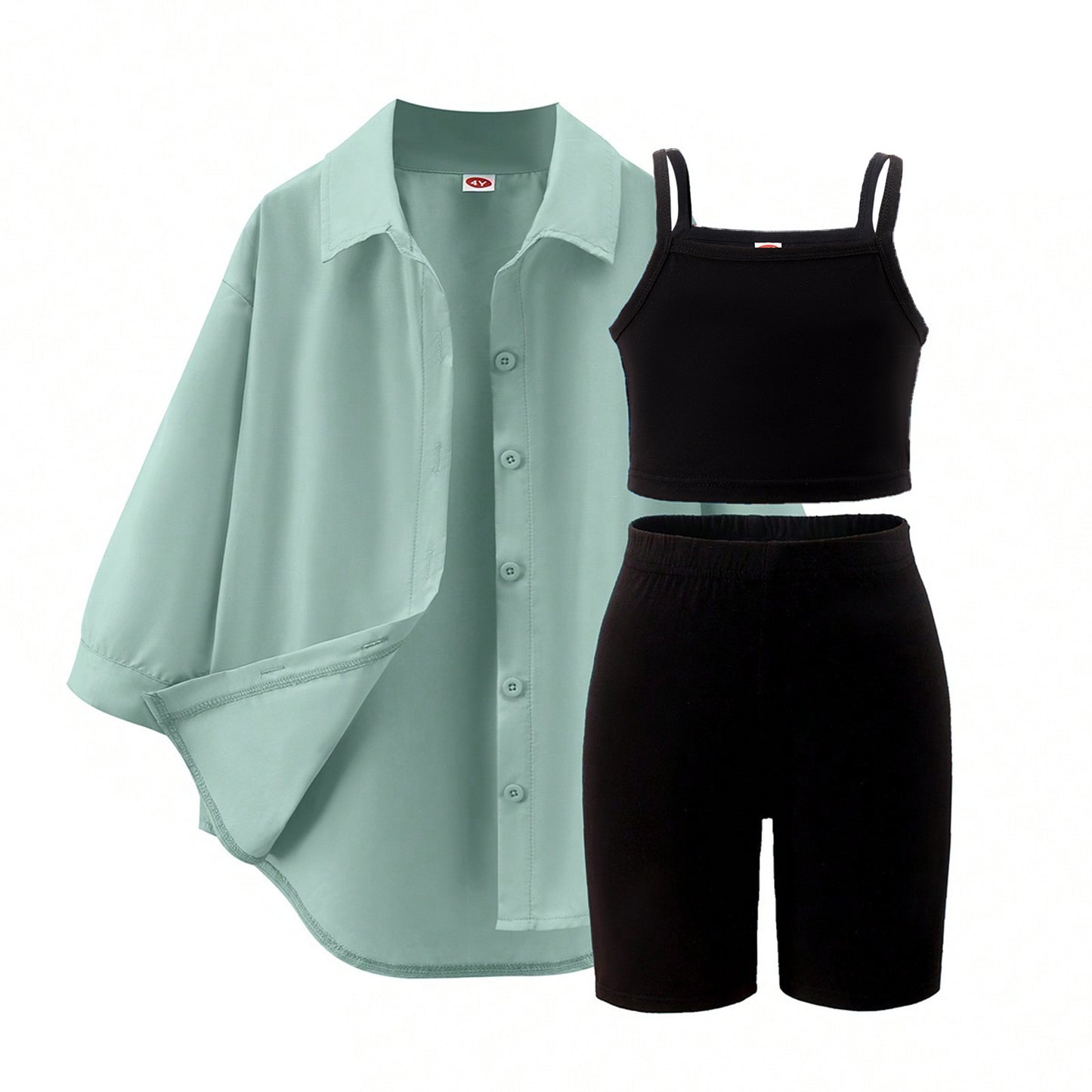 A foreign trade Europe, America, spring and autumn new girls' suit medium and small children's solid color suspender + five-point pants + long-sleeved jacket three-piece set