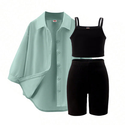 A foreign trade Europe, America, spring and autumn new girls' suit medium and small children's solid color suspender + five-point pants + long-sleeved jacket three-piece set