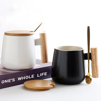 A wooden handle ceramic water cup