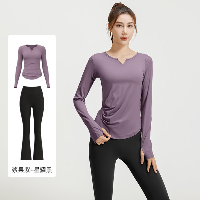 A autumn v-neck yoga suit pleated naked feeling slim and thin long fitness suit women