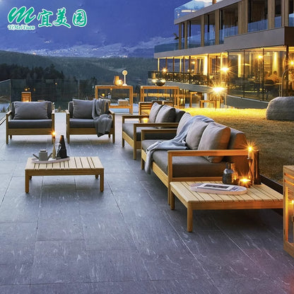 A teak outdoor sofa combination villa courtyard furniture Nordic style high-end garden hotel terrace solid wood sofa chair - Mixbatch