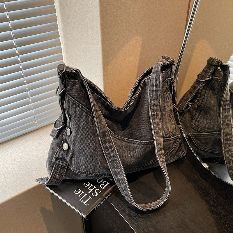 A denim shoulder bag