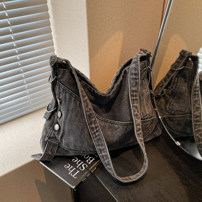 A denim shoulder bag