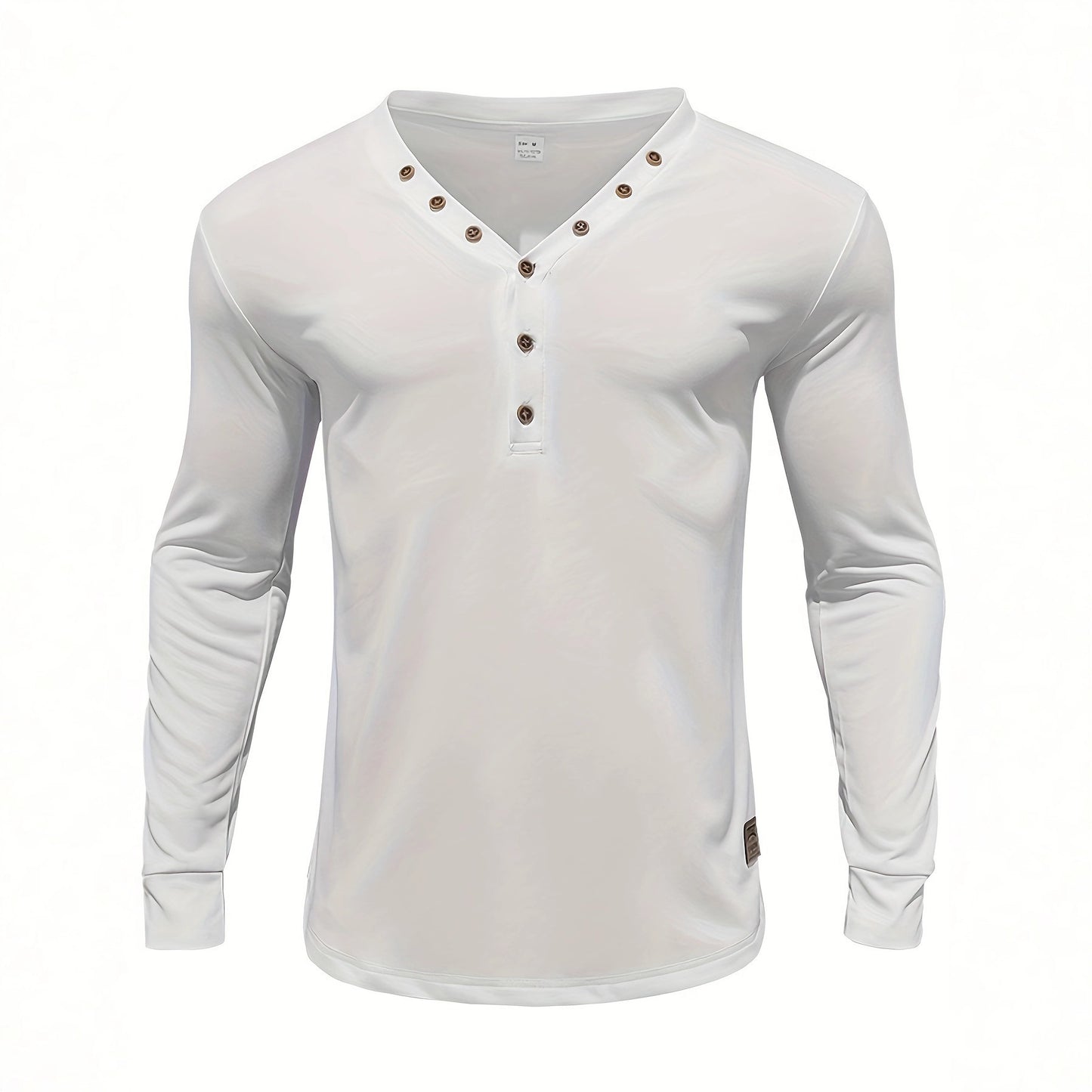 A Men's Spring and Autumn American Solid Color Men's T-Shirt Long Sleeve Casual Bottom Slim Button V-Neck Top