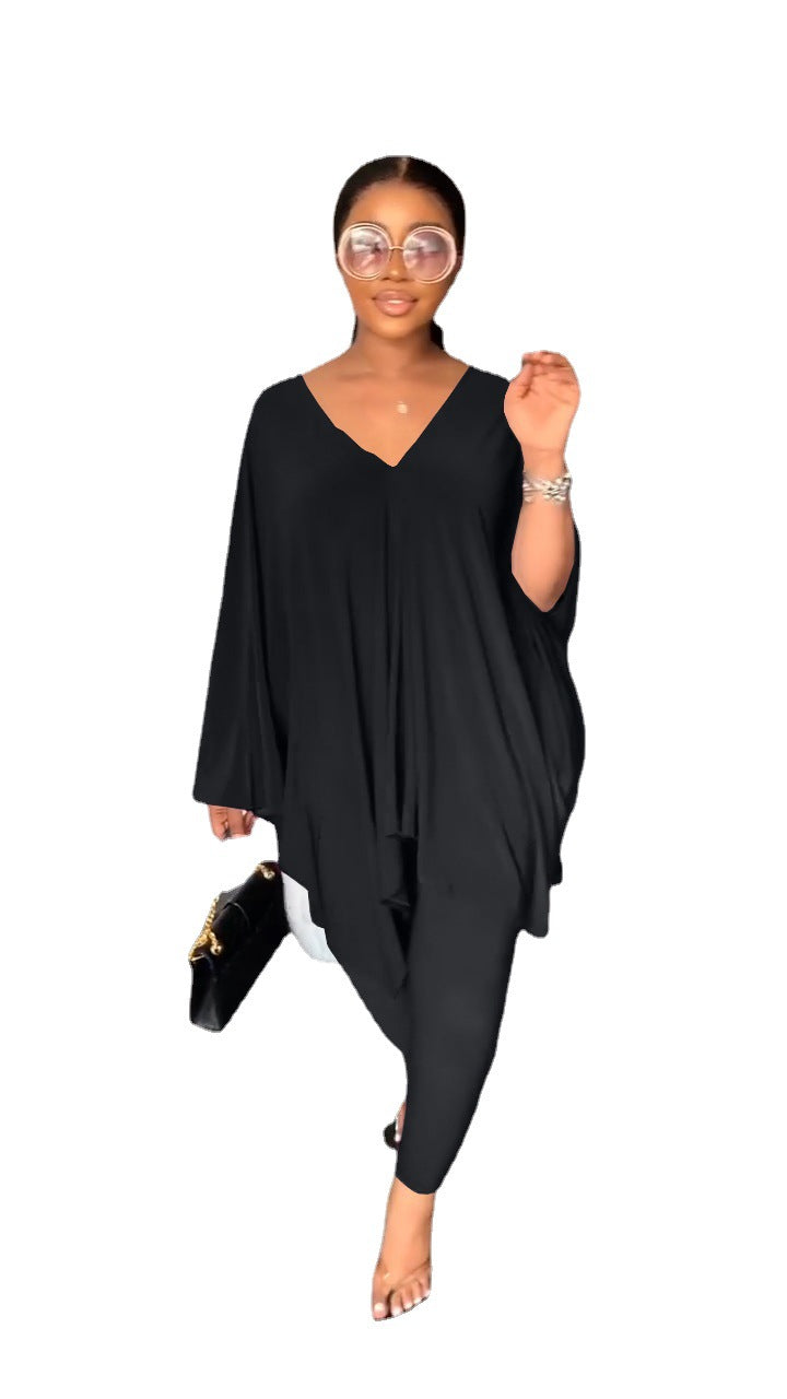 A long-sleeved v-neck suit