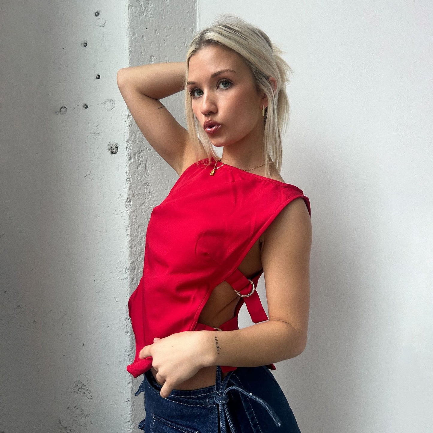 A711TP European and American cross-border 2025 spring new side lace-up sexy red top sleeveless vest Spice girl - Mixbatch