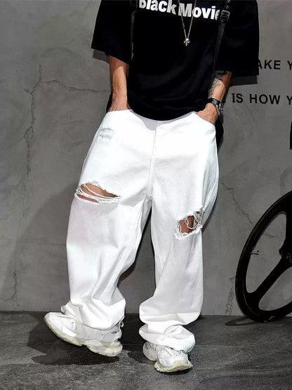 A white ripped wide-leg jeans loose straight