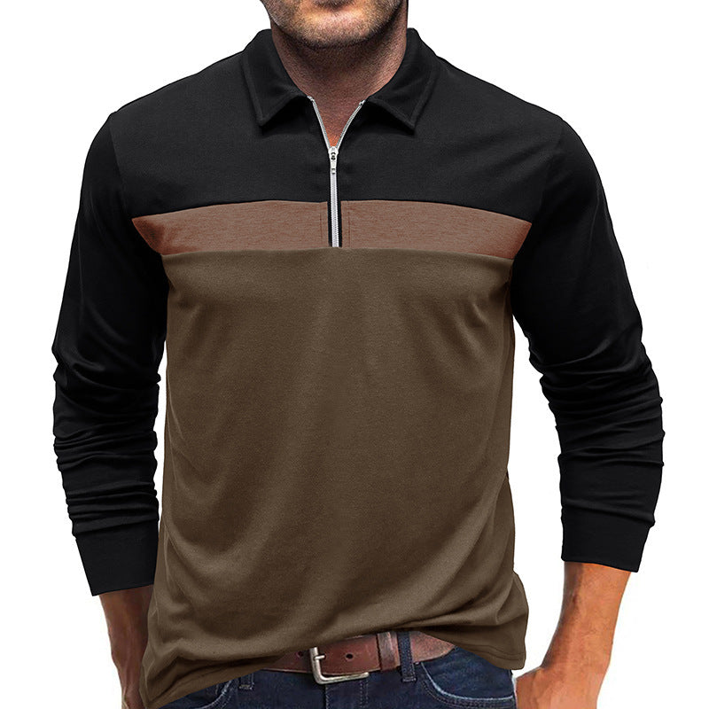 A Men's Fashion Color-Blocking Long Sleeve Zip Henry Shirt Amazon Fall Winter Men's Lapel Casual POLO Shirt