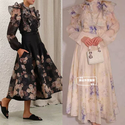 A European summer new heavy craft ruffle edge lantern sleeve shirt + large skirt set