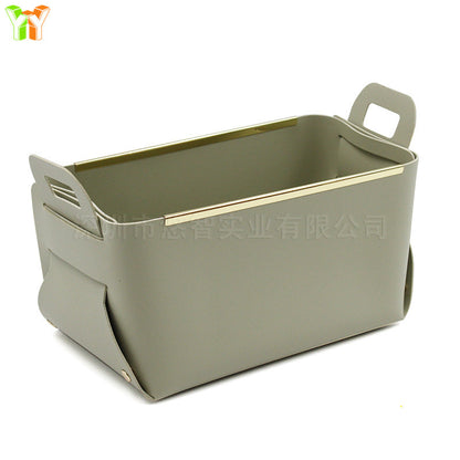 A leather sock storage basket