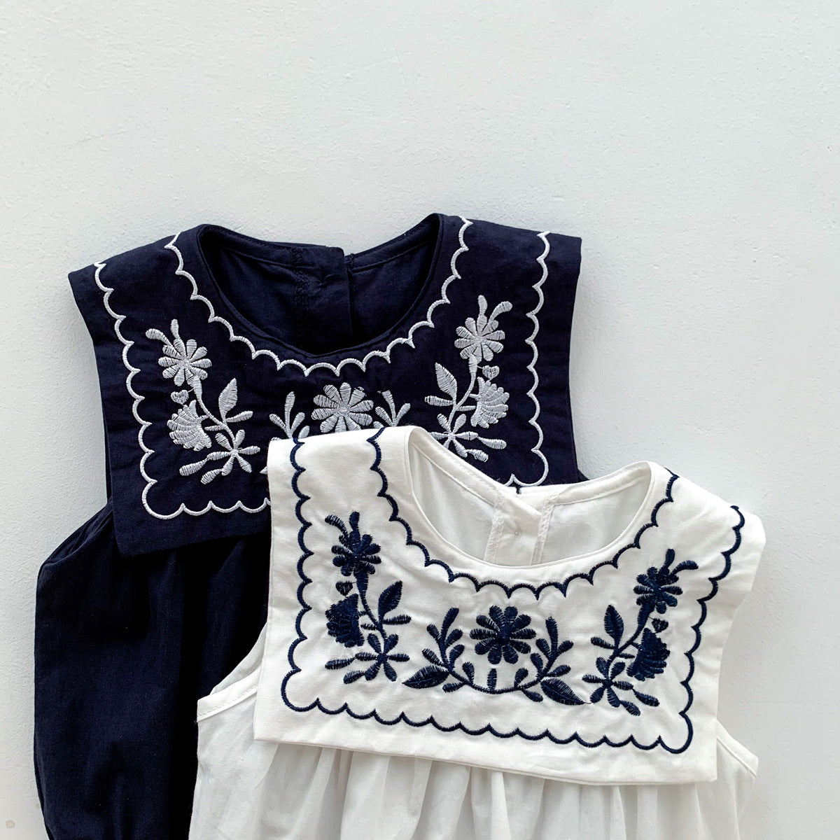 A ins summer cool navy embroidered collar sleeveless vest jumpsuit baby girl baby bag fart clothes climbing clothes - Mixbatch
