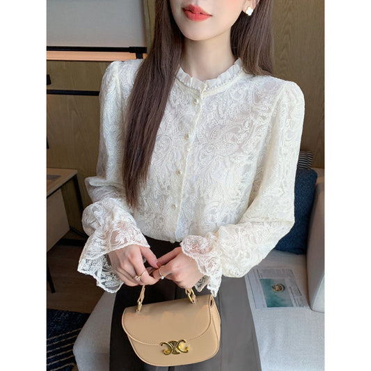 A spring new hollow long-sleeved lace shirt blouse spring shirt