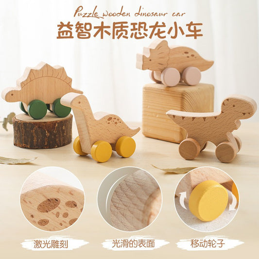 A children's dinosaur inertia pull-back car wooden drop-resistant hand push sliding car toy baby cartoon mini dinosaur car