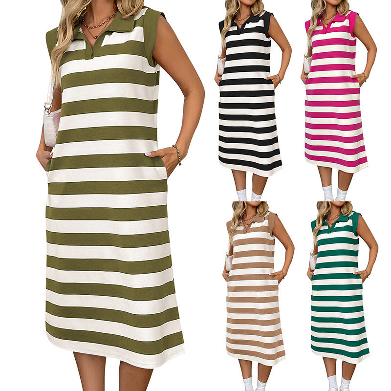 Europe, America cross-border Amazon independent station 2025 summer striped pocket new lapel sleeveless long dress - Mixbatch