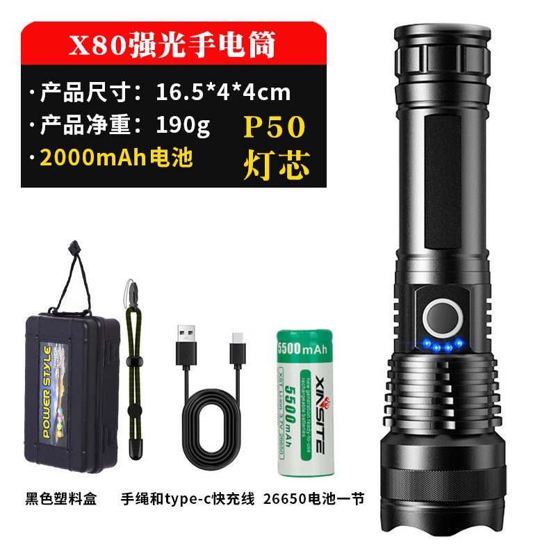A USB flashlight Outdoor aluminum alloy strong light flashlight, new power display flashlight