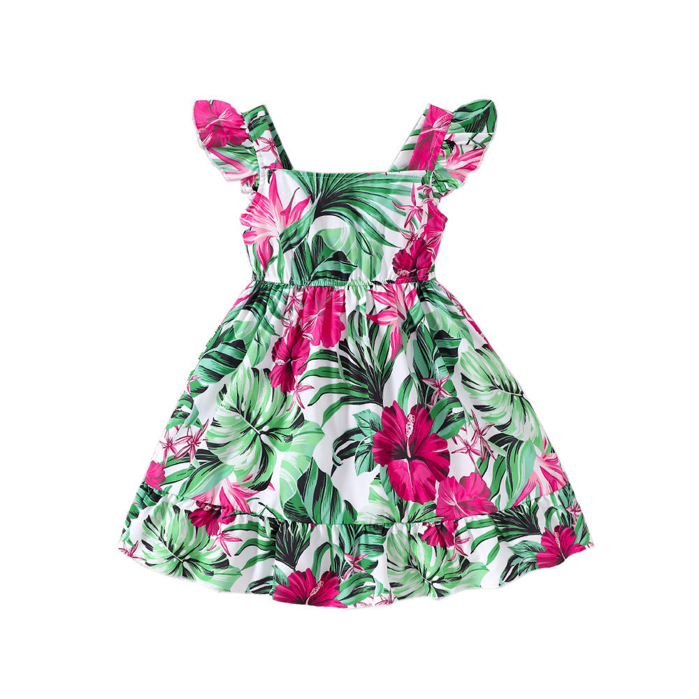A medium and small children and girls spring and summer new holiday tropical green leaf print dress Q1922-C - Mixbatch