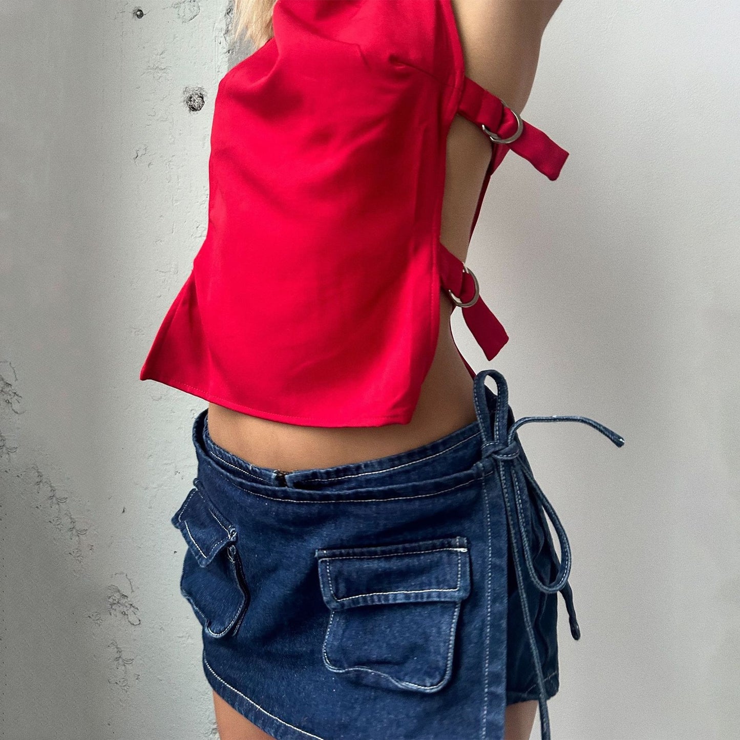 A711TP European and American cross-border 2025 spring new side lace-up sexy red top sleeveless vest Spice girl - Mixbatch