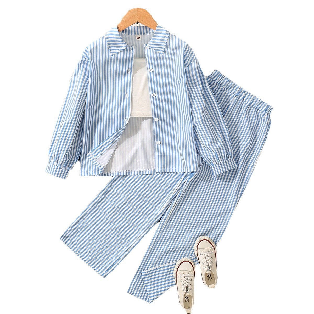 A medium and older children's girls' striped printed lapel neck long-sleeved shirt with white suspender vest and wide-leg trousers three-piece set