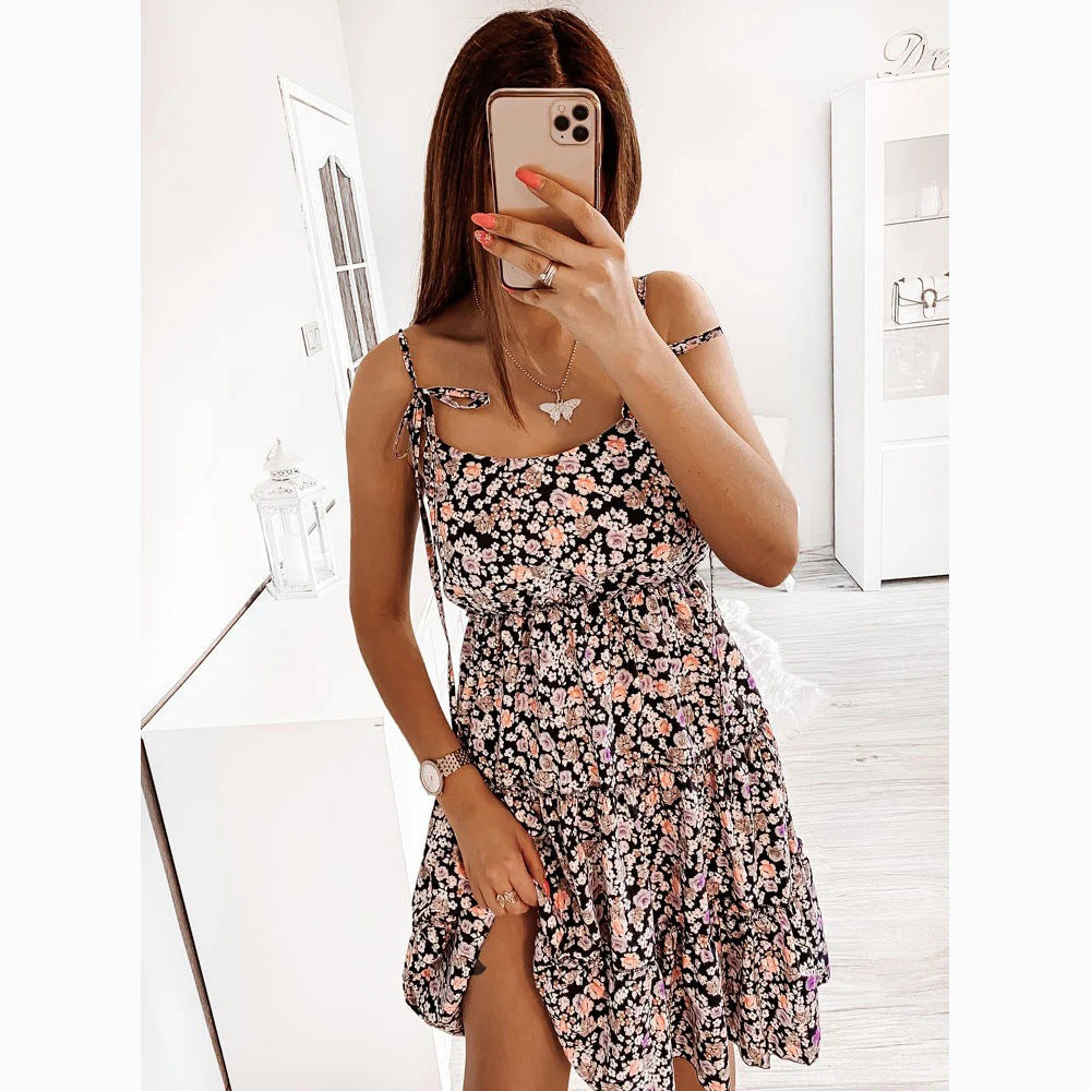 A small floral digital printing fresh and sweet wind suspender dress 8558