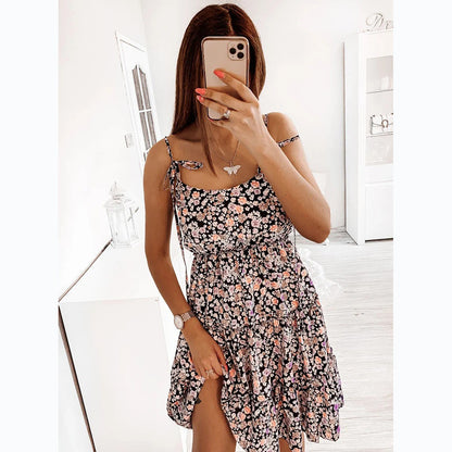 A small floral digital printing fresh and sweet wind suspender dress 8558
