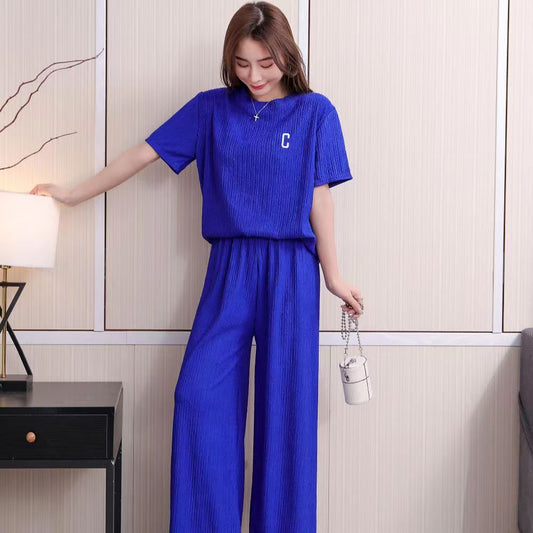 A suit women's spring summer letter embroidery thin ice silk loungewear suit casual loose trousers two-piece set