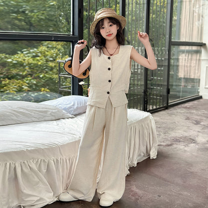 A summer new middle-aged and older children's suit vest wide-leg pants two-piece temperament casual and fashionable suit