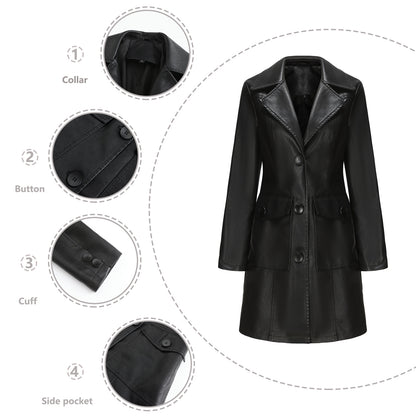 A women's long leather jacket