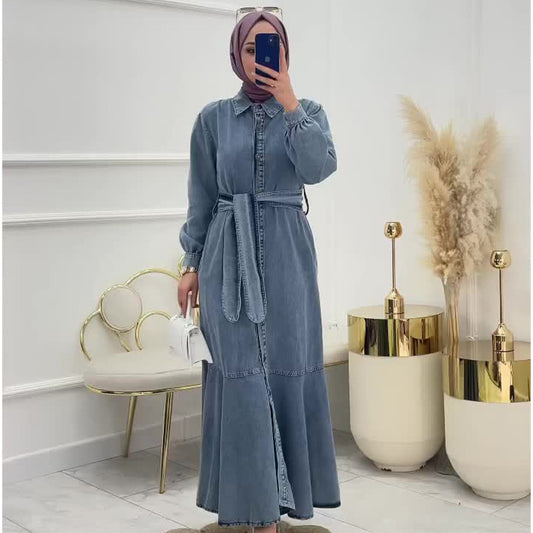 A autumn new European, American Amazon cross-border women's clothing solid color zipper model lace-up waist denim dress