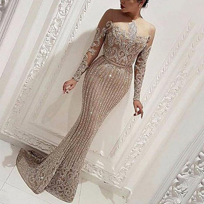 A spring and summer new long dress mid-waist temperament commuting sequins sprinkling gold slim-fitting gold slim-fitting dress
