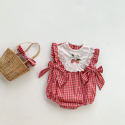 A newborn clothes summer thin girls sleeveless jumpsuit baby Korean version of red plaid triangle bag fart climbing clothes - Mixbatch