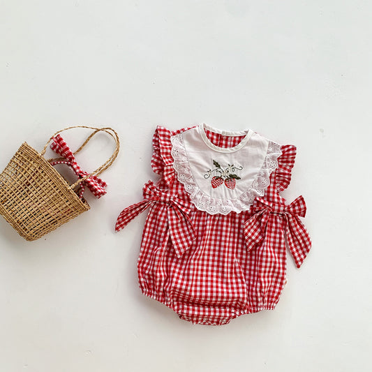 A newborn clothes summer thin girls sleeveless jumpsuit baby Korean version of red plaid triangle bag fart climbing clothes - Mixbatch