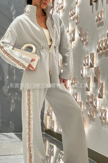 A Fashion Drawstring Waist Top Wide Leg Pants Two-piece Set
