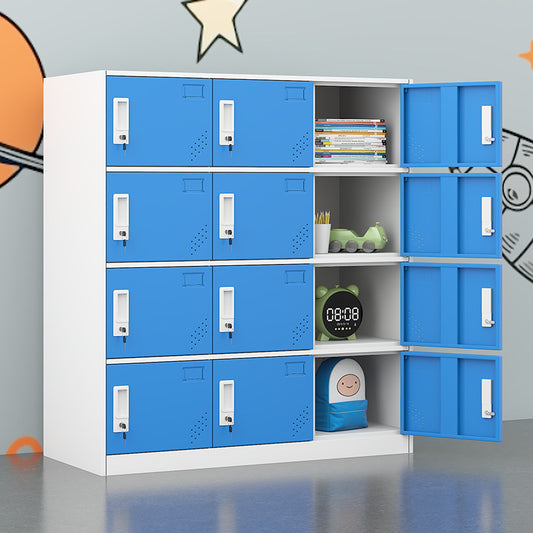 A colorful metal storage locker for school classrooms