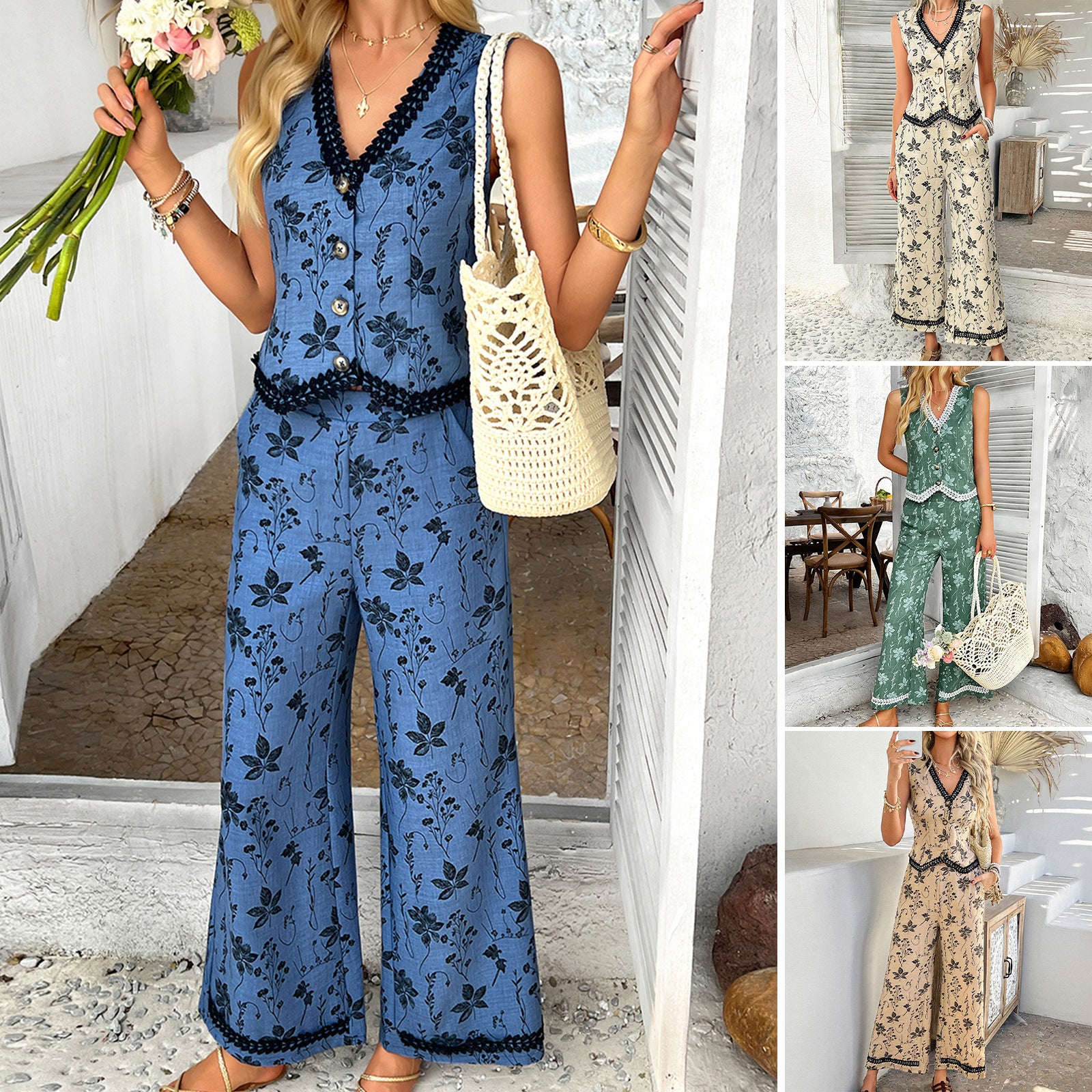 2025 Spring/Summer Bohemian European and American style printed lace cardigan vest long pants set - Mixbatch