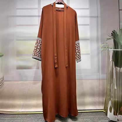 Middle Eastern Muslim Fashion Elegant Cardigan Embroidered Belt Dress Pocket Robe - Mixbatch