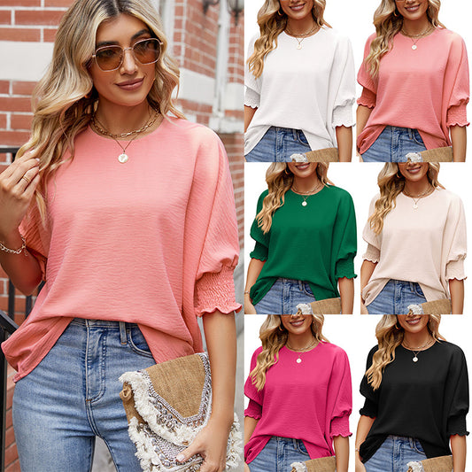 Amazon Independent Station Europe, America, Cross-border 2025 Summer New Products Women's Loose Large Size Crew Neck Solid Color Wrap Top