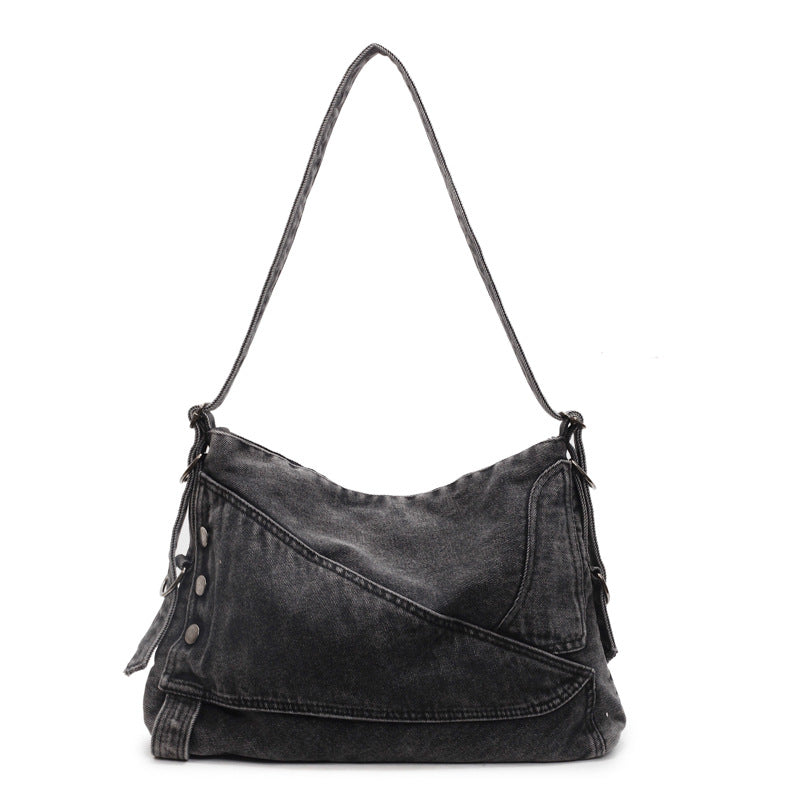 A denim shoulder bag