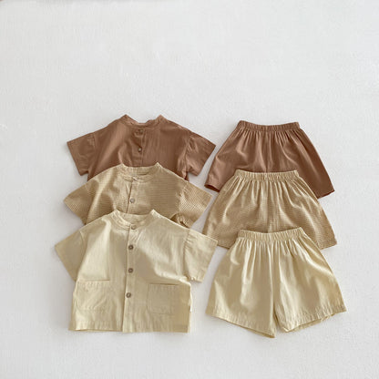 A INS Korean version of the baby summer thin solid color short-sleeved shirt and shorts set for children and boys casual two-piece set - Mixbatch