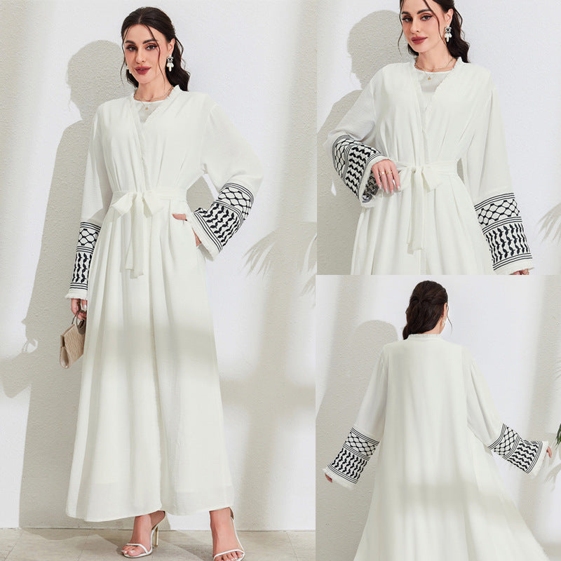 Women's Middle Eastern Muslim Clothing Elegant Pocket Cardigan Embroidered Contrast Dress Belt Robe - Mixbatch
