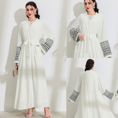Women's Middle Eastern Muslim Clothing Elegant Pocket Cardigan Embroidered Contrast Dress Belt Robe - Mixbatch