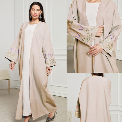 New long dress Middle Eastern Muslim clothing fashionable and elegant embroidered flower cardigan imitation hemp dress robe - Mixbatch