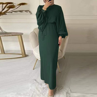 Muslim Women's Autumn and Winter South East Asia Fashion Lantern Sleeve Waist Hip Wrap Crew Neck Long Sleeve Women's Dress - Mixbatch