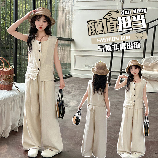 A summer new middle-aged and older children's suit vest wide-leg pants two-piece temperament casual and fashionable suit