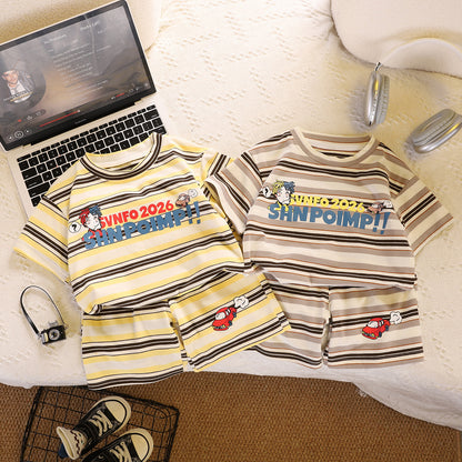 A Children's clothing summer new 0-5 year old children's boys and girls striped letter short-sleeved shorts 2-piece set