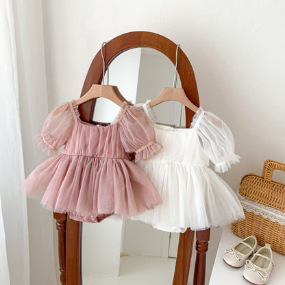 A Baby spring and summer puff sleeve bag fart clothes, baby girl big bow mesh skirt, newborn year-old princess crawling clothes - Mixbatch