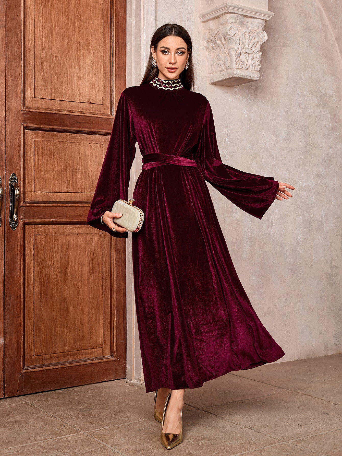 Middle Eastern Muslim Saudi Arabia Embroidered Dress Flared Sleeve Belt Zip Blouse - Mixbatch